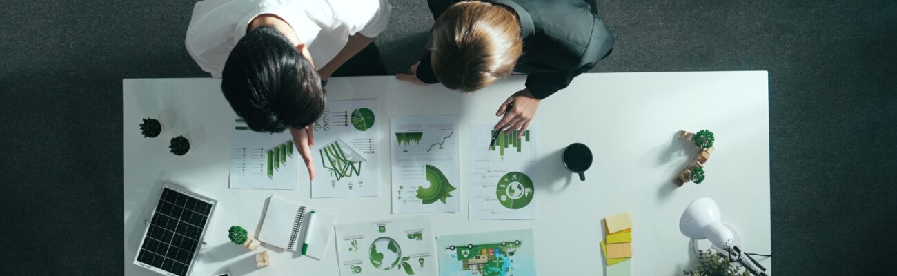 Two colleagues seen from above comparing printed sustainability charts across a white table