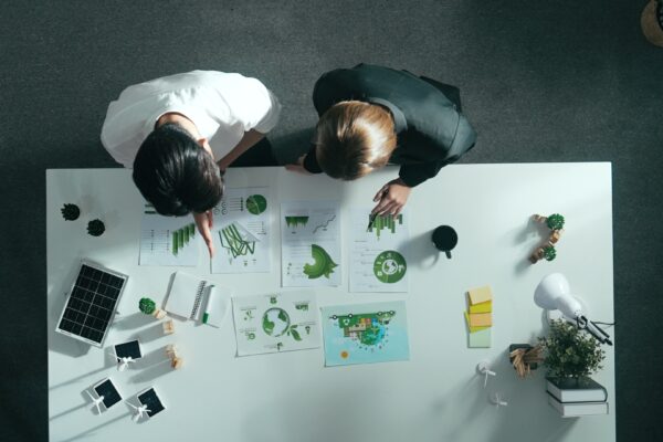 Two colleagues seen from above comparing printed sustainability charts across a white table