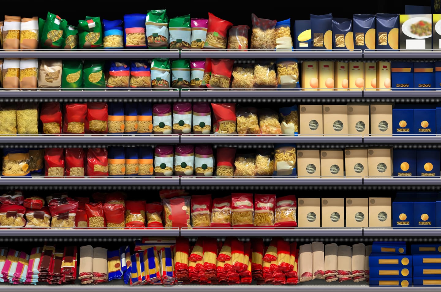 Vollständig bestückte Supermarktregale mit verpackten Lebensmitteln und Haushaltswaren
