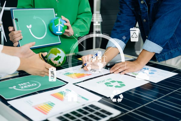 Several people around a table reviewing printed energy ratings, recycling and net zero documents beside a small globe